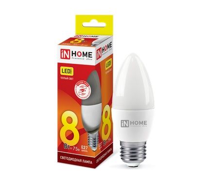Лампа светодиодная свеча LED-СВЕЧА-VC C37 8Вт 3000К 760Лм Е27 IN HOME