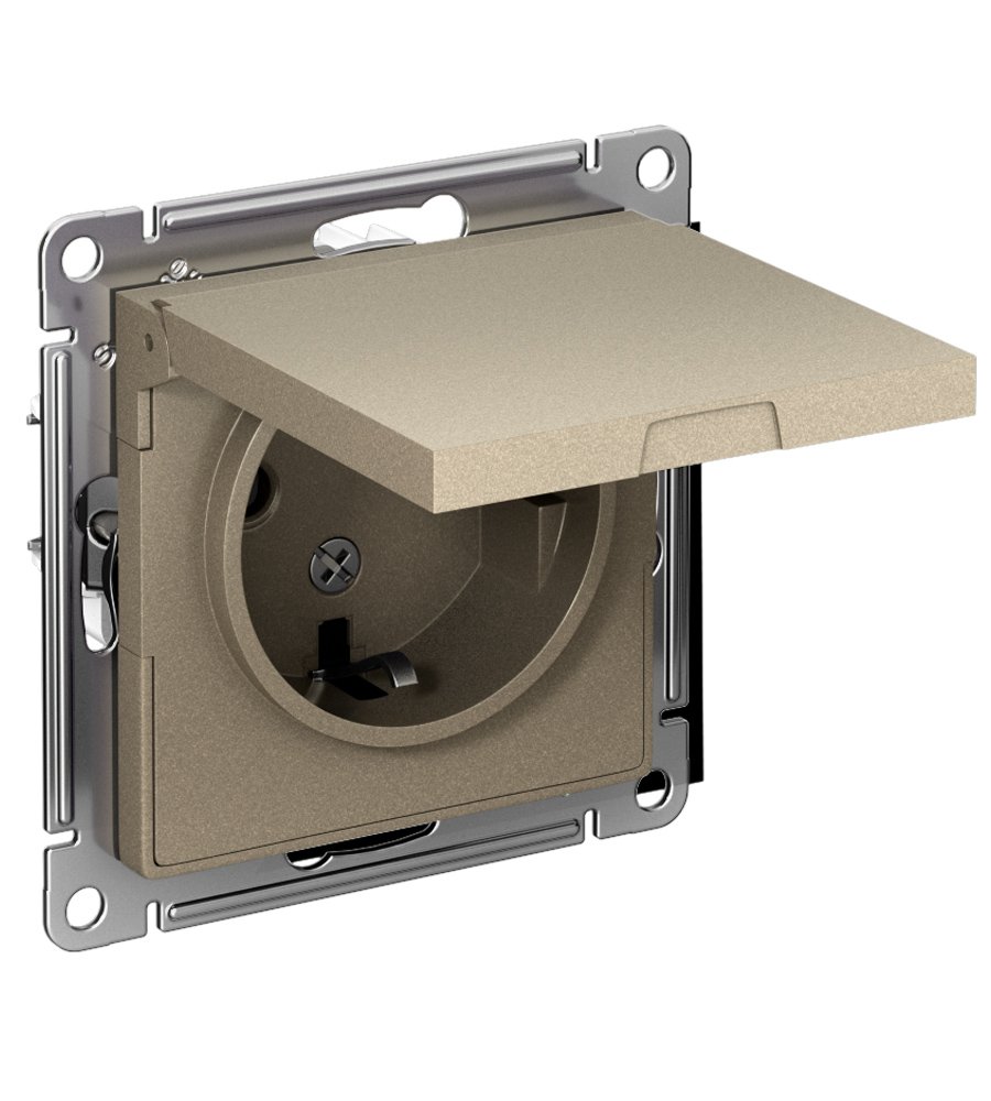 Розетка с заземлением с защитными шторками с крышкой 16А IP20 (шампань) ATLASDESIGN SE