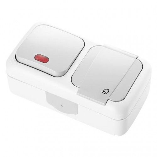 Блок ОУ выключатель 1кл с подсветкой + розетка 1м с з/к с крышкой IP54 (белый) Palmiye VI-KO
