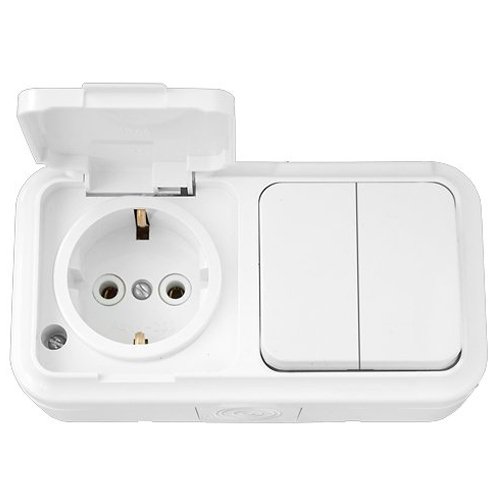 Блок ОУ: выключатель 2кл + розетка с заземлением с защитной крышкой IP54 (белый) Пралеска Аква