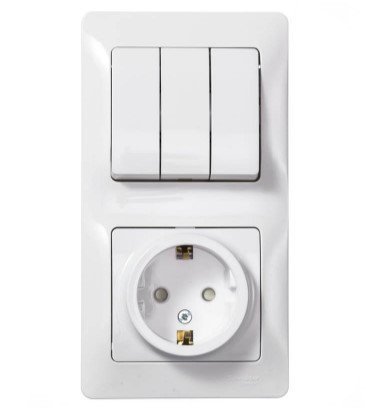 Блок СУ: розетка с заземлением с защитными шторками + выключатель 3кл (белый) GLOSSA SE