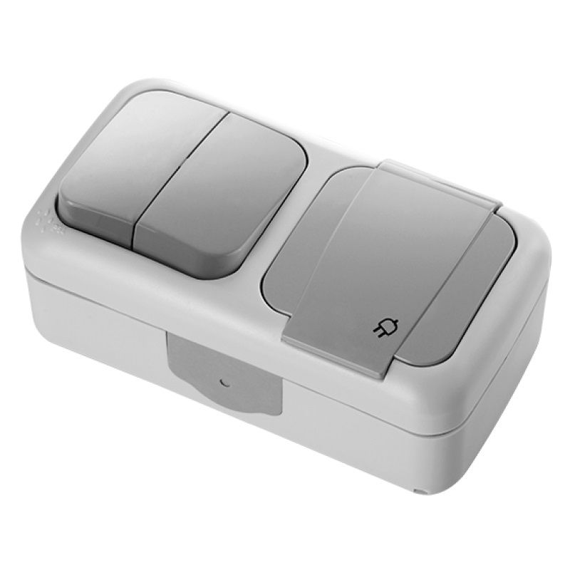 Блок ОУ выключатель 2кл + розетка 1м с з/к с крышкой IP54 (серый) Palmiye VI-KO