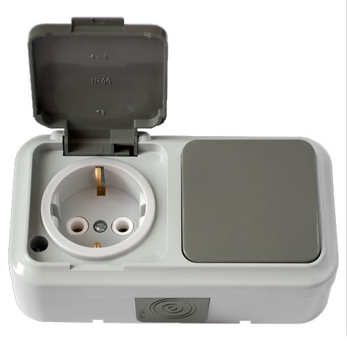 Блок ОУ: выключатель 1кл + розетка с заземлением IP54 (серый) Пралеска Аква