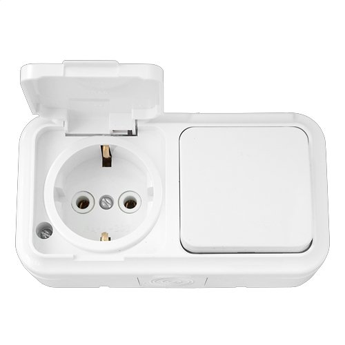 Блок ОУ: выключатель 1кл + розетка с заземлением IP54 (белый) Пралеска Аква