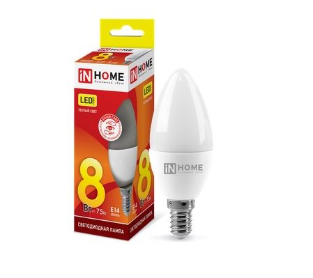 Лампа светодиодная свеча LED-СВЕЧА-VC C37 8Вт 3000K 760Лм Е14 IN HOME