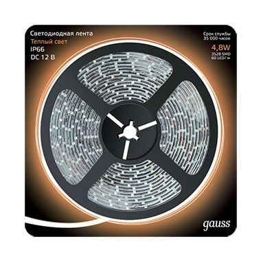 Лента светодиодная SMD3528/2835 4.8Вт 12В 3000К 230Лм/м IP66 60 диодов/метр GAUSS теплый белый