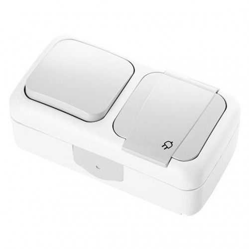 Блок ОУ выключатель 1кл + розетка 1м с з/к с крышкой IP54 (белый) Palmiye VI-KO