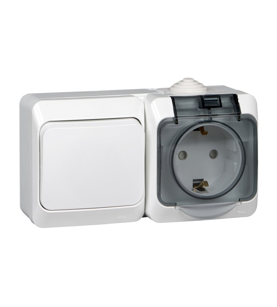 Блок ОУ: розетка с заземлением с защитными шторками + выключатель 1кл IP44 (белый) ЭТЮД SE