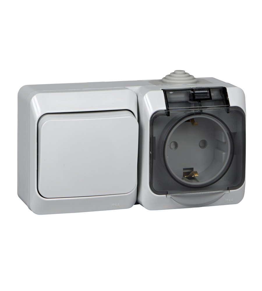 Блок ОУ: розетка с заземлением с защитными шторками + выключатель 1кл IP44 (серый) ЭТЮД SE