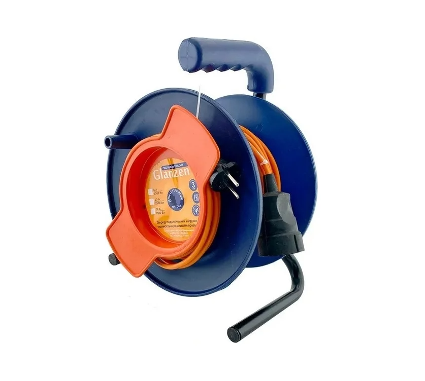 Удлинитель на катушке  1 гнездо 50м ПВС 3х1.5 c/з GLANZEN