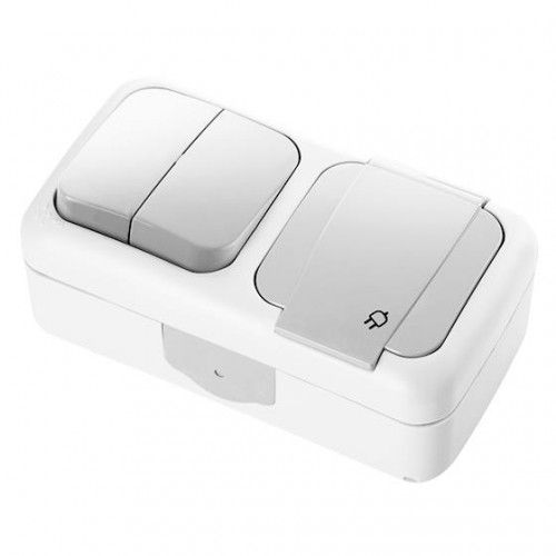 Блок ОУ выключатель 2кл + розетка 1м с з/к с крышкой IP54 (белый) Palmiye VI-KO