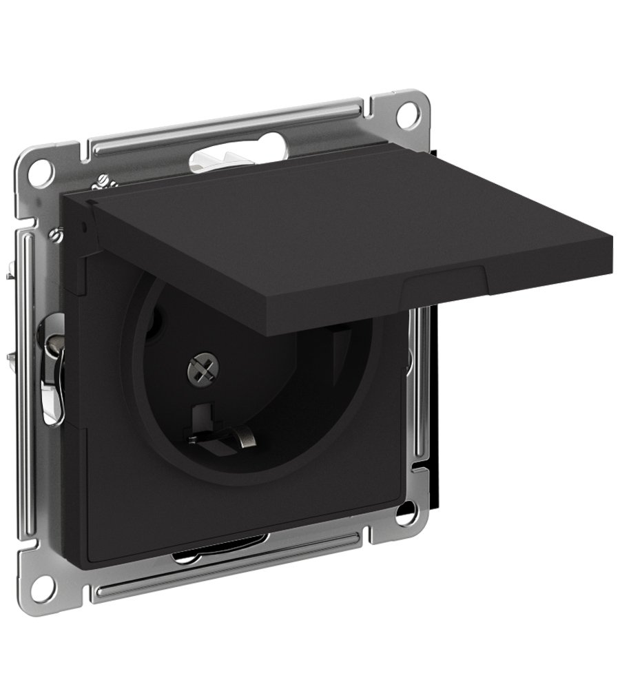 Розетка с заземлением с защитными шторками с крышкой 16А IP20 (карбон) ATLASDESIGN SE