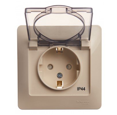 Розетка с заземлением с защитными шторками с крышкой IP44 в сборе (бежевый) GLOSSA SE