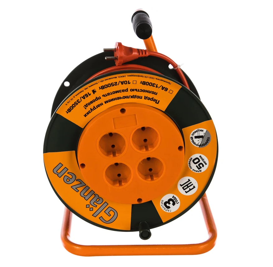 Удлинитель на катушке 4 гнезда 50м ПВС 2х1.5 б/з GLANZEN