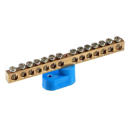 Шина N "ноль" 14 отверстий 1 изолятор "стойка" 6х9мм латунь (синий)