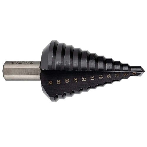 Сверло ступенчатое Ø 9-36мм HSS TiAlN прямая канавка трёхплоскостной хвостовик ZALTAR NEW!