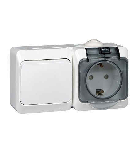 Блок ОУ: розетка с заземлением с защитными шторками + выключатель 1кл IP44 (белый) ЭТЮД SE