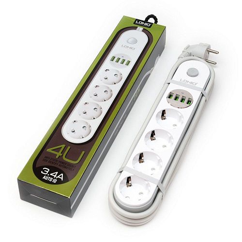 Сетевой фильтр 4 гнезда 2.0м 10А/2.5кВт 4 USB 5В 3.4А (белый) LDNIO