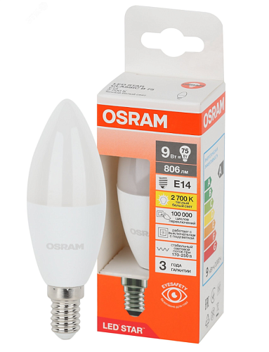 Лампа светодиодная свеча LS CLB 75 9W/830 170-250V FR E14 806lm 40000h d37x110 матовая OSRAM