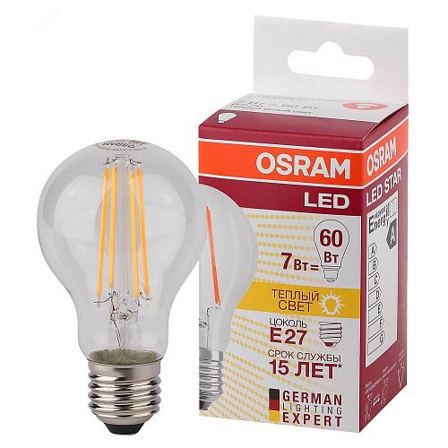 Лампа светодиодная ЛОН STAR CLASSIC A60 7Вт 827 806Лм E27 Filament прозрачная 4058075055315 OSRAM 