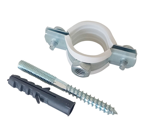 Хомут мет.    3/4" (25-28мм) с гайкой М8 в компл.со шпилькой-шуруп. и дюб. белый уплотн. TERMA 24226