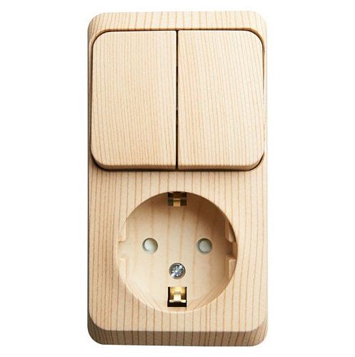 Блок ОУ: розетка с заземлением с защитными шторками + выключатель 2кл (сосна) ЭТЮД SE