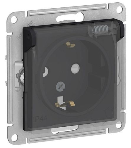Розетка с заземлением с защитными шторками с крышкой 16А IP44 (карбон) ATLASDESIGN AQUA SE