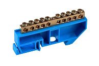 Шина N "ноль" 10 отверстий на DIN-рейку 6х9мм латунь (синий)