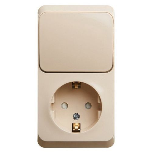 Блок ОУ: розетка с заземлением с защитными шторками + выключатель 1кл (кремовый) ЭТЮД SE