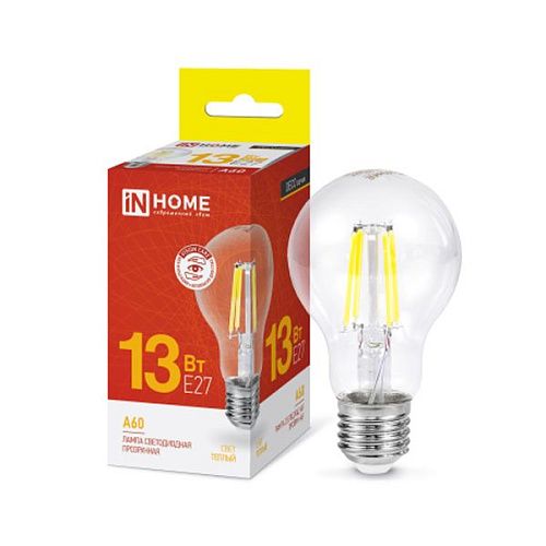 Лампа светодиодная ЛОН LED-A60-deco A60 13Вт 3000К 1370Лм Е27 Filament прозрачная IN HOME