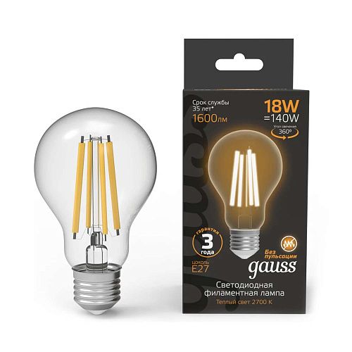 Лампа светодиодная ЛОН LED-A60 18Вт 2700К 1600Лм Е27 Filament прозрачная GAUSS