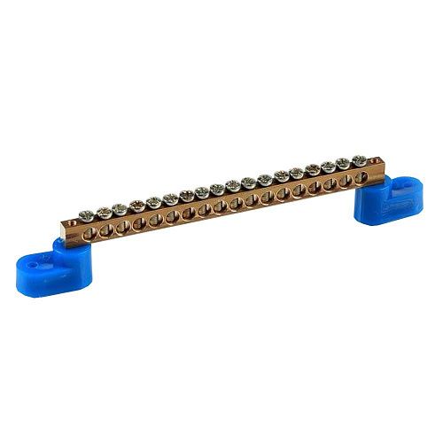 Шина N "ноль" 18 отверстий 2 изолятора "стойка"  6х9мм латунь (синий)