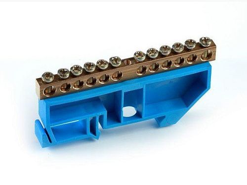 Шина N "ноль" 12 отверстий на DIN-рейку 6х9мм латунь (синий)