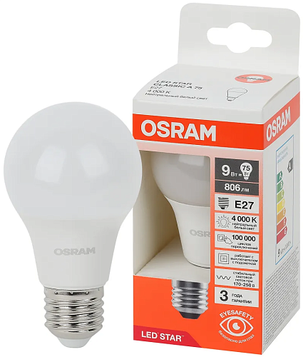 Лампа светодиодная ЛОН LED STAR A75 9Вт 840 806Лм E27 OSRAM