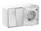 Блок ОУ: розетка с заземлением с защитными шторками + 2кл выключатель IP54 (белый) AtlasDesign Profi54 SE