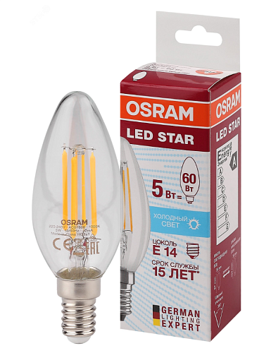 Лампа светодиодная свеча STAR CLASSIC 5Вт 840 660Лм E14 Filament прозрачная 4058075116702 OSRAM