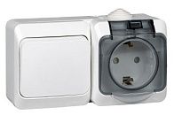Блок ОУ: розетка с заземлением с защитными шторками + выключатель 1кл IP44 (белый) ЭТЮД SE