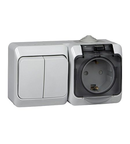Блок ОУ: розетка с заземлением с защитными шторками + выключатель 2кл IP44 (серый) ЭТЮД SE