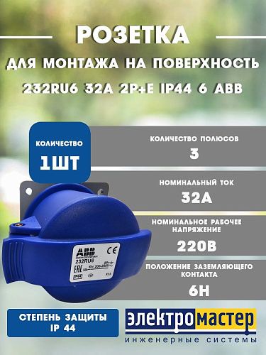 Розетка 232RU6 32A 2P+E IP44 6ч панельная с прямым унифицированным фланцем ABB  БЕЗ ПРАВА ВОЗВРАТА ОБМЕНА ГАРАНТИИ