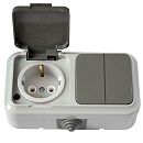 Блок ОУ: выключатель 2кл + розетка с заземлением с защитной крышкой IP54 (серый) Пралеска Аква