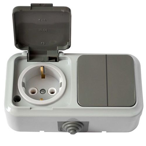 Блок ОУ: выключатель 2кл + розетка с заземлением с защитной крышкой IP54 (серый) Пралеска Аква