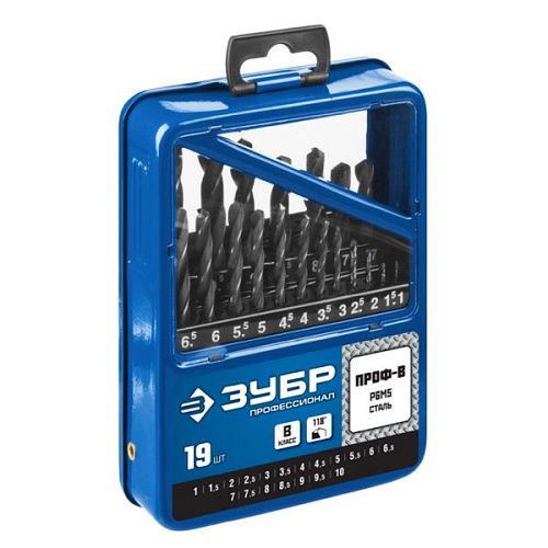 Набор сверл Р6М5 19 предметов по металлу класс В 1-10мм ПРОФ-В ЗУБР (29621-H19)