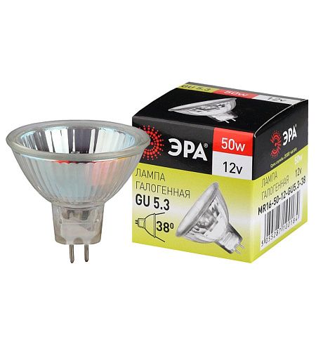 Лампа галогенная 50Вт 12В GU5.3 MR16  софит теплый белый свет ЭРА