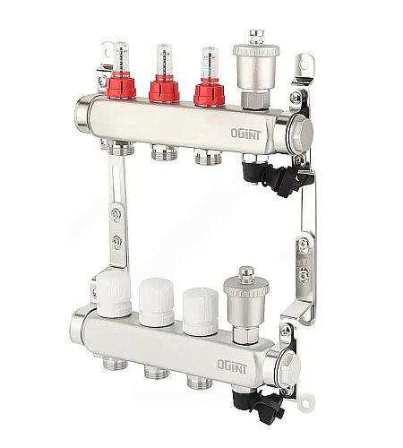 Коллекторная группа нерж. 3 вых с расходомерами + автоматич. воздухоотводчик и слив Ogint 9505-02