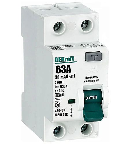 Устройство защитного отключения 2п 63А 30мА 6кА тип AC УЗО-03 DEKraft (14210DEK)