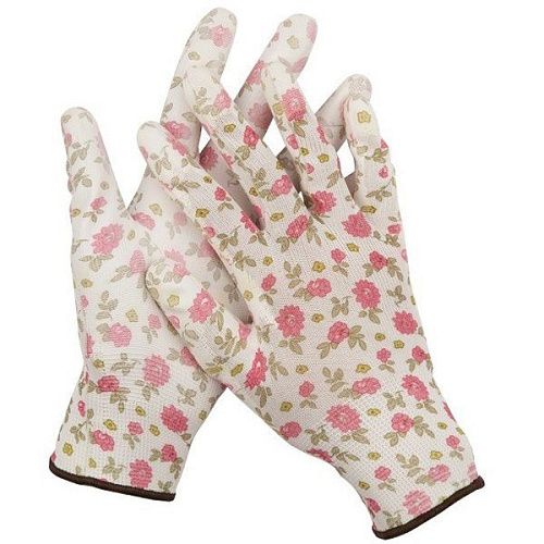 Перчатки садовые прозрачное PU покрытие 13 класс вязки бело-розовые размер M GRINDA (11291-M)