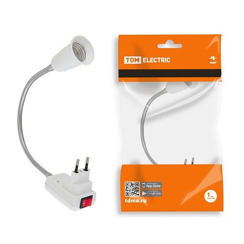 Переходник вилка-Е27 с выключателем гибкий 300мм 220В IP20 (белый) TDM