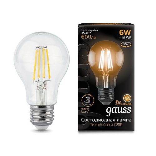 Лампа светодиодная ЛОН A60 6Вт 2700К 600Лм Е27 Filament GAUSS