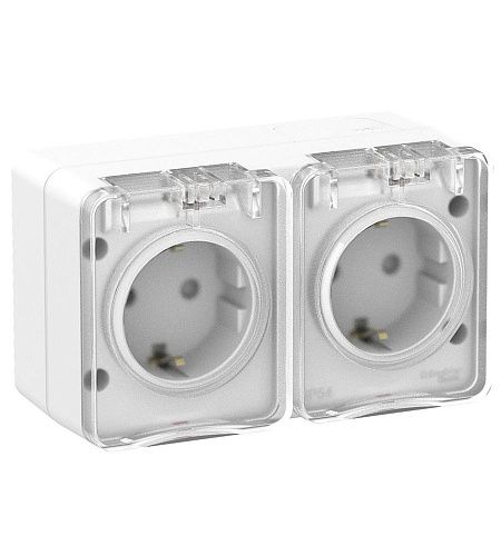 Розетка ОУ 2-я с заземлением с защитными шторками 16А IP54 (белый) AtlasDesign Profi54 SE