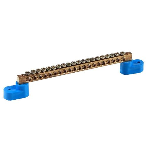 Шина N "ноль" 20 отверстий 2 изолятора "стойка"  6х9мм латунь (синий)